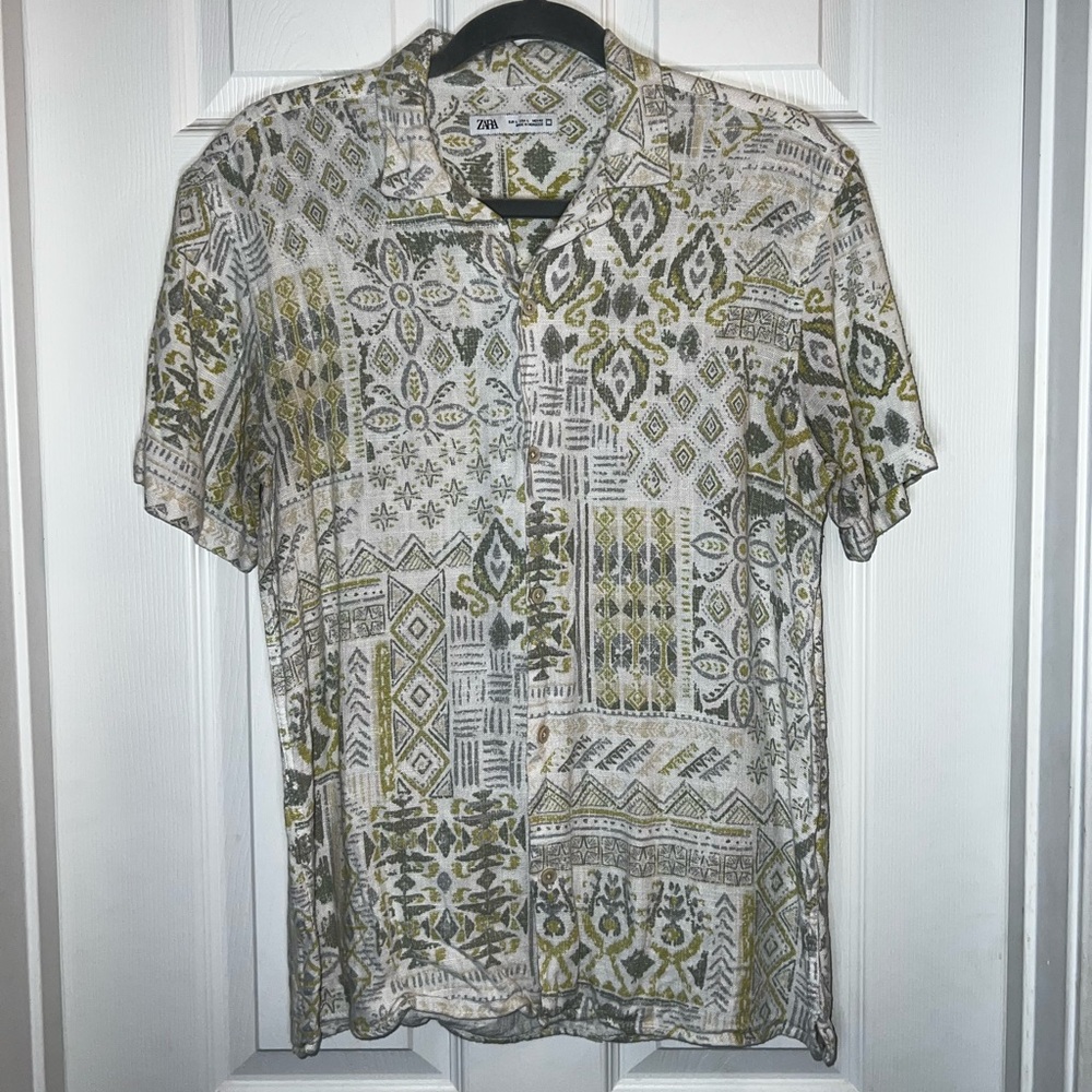 Zara Men's Geometric Print Shirt - White, Olive, & Gray